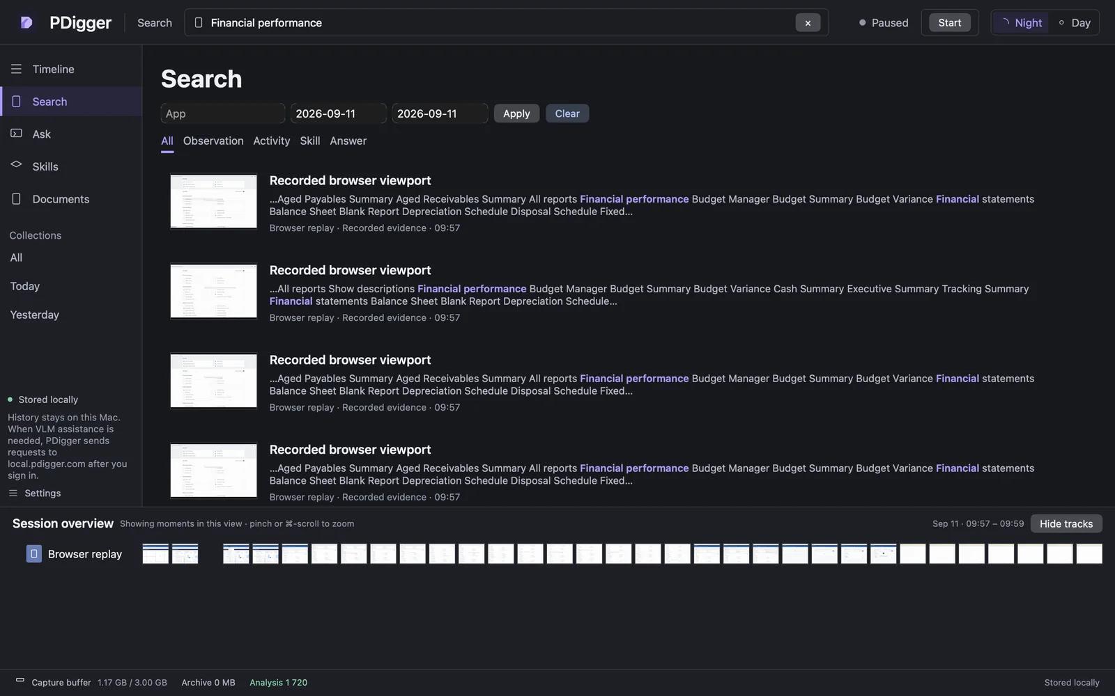 Screenshot of the Local pDigger app: a search for “Financial performance” across recorded browser moments, with matching text highlighted and the session timeline below.