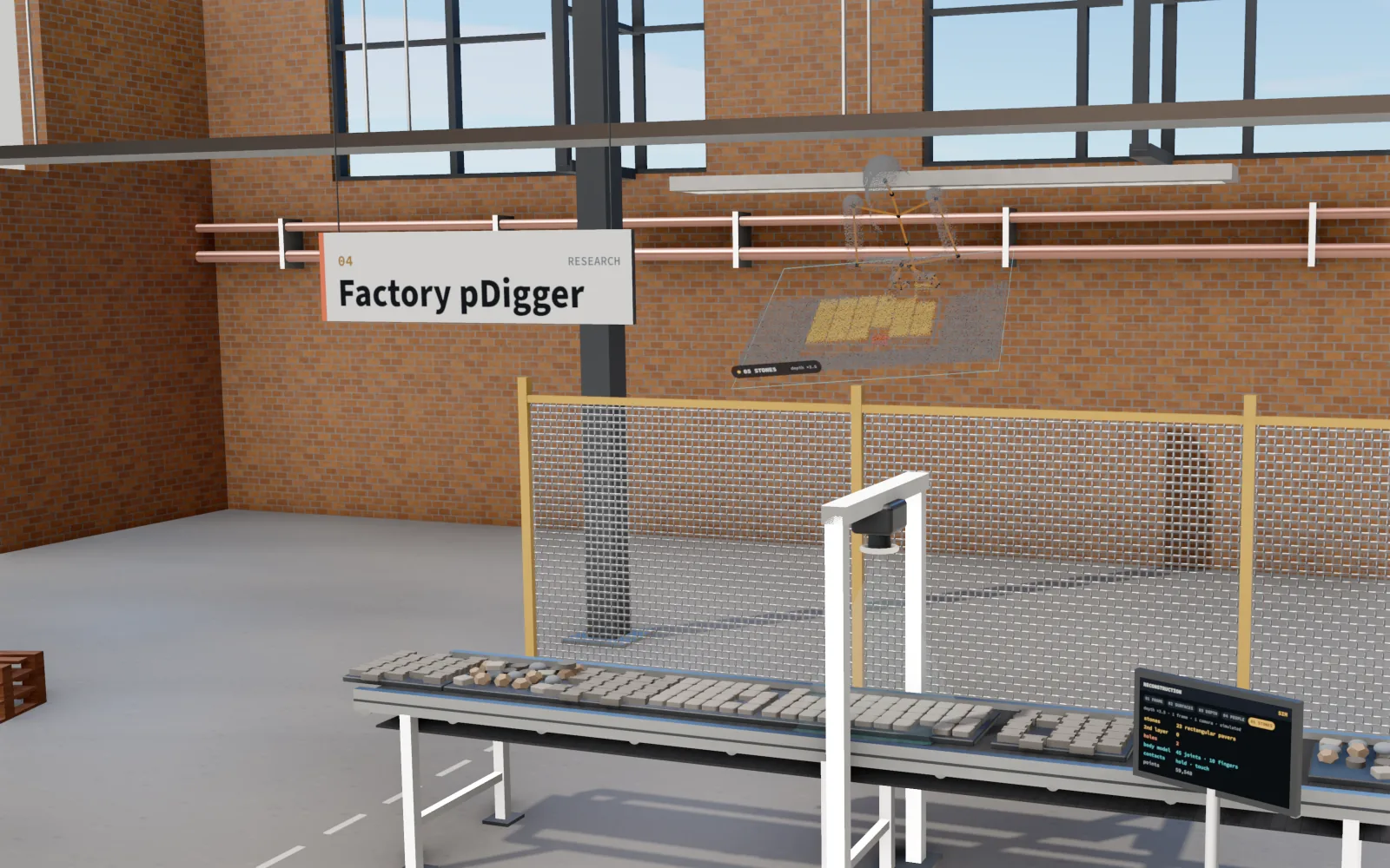 Station 04 of the 3D line: above a single-camera gantry on the conveyor floats a point-cloud hologram of a simulated tray of stones, coloured by kind, with a worker as a body model and skeleton.