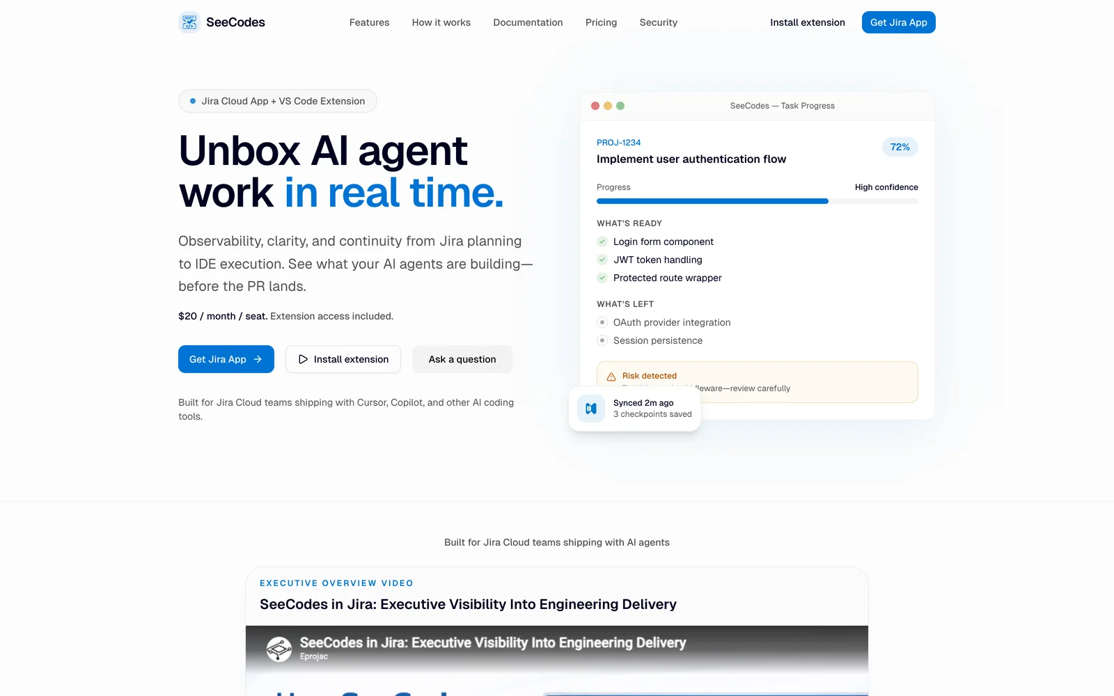 Screenshot of the seecodes.com home page: “Unbox AI agent work in real time”, beside a sample task-progress card showing what is ready, what is left and a risk flag.